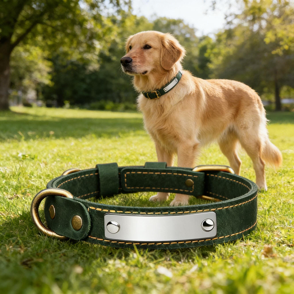 Personalized Leather Dog Collar with Engraved Name Plate – Custom Pet Accessory