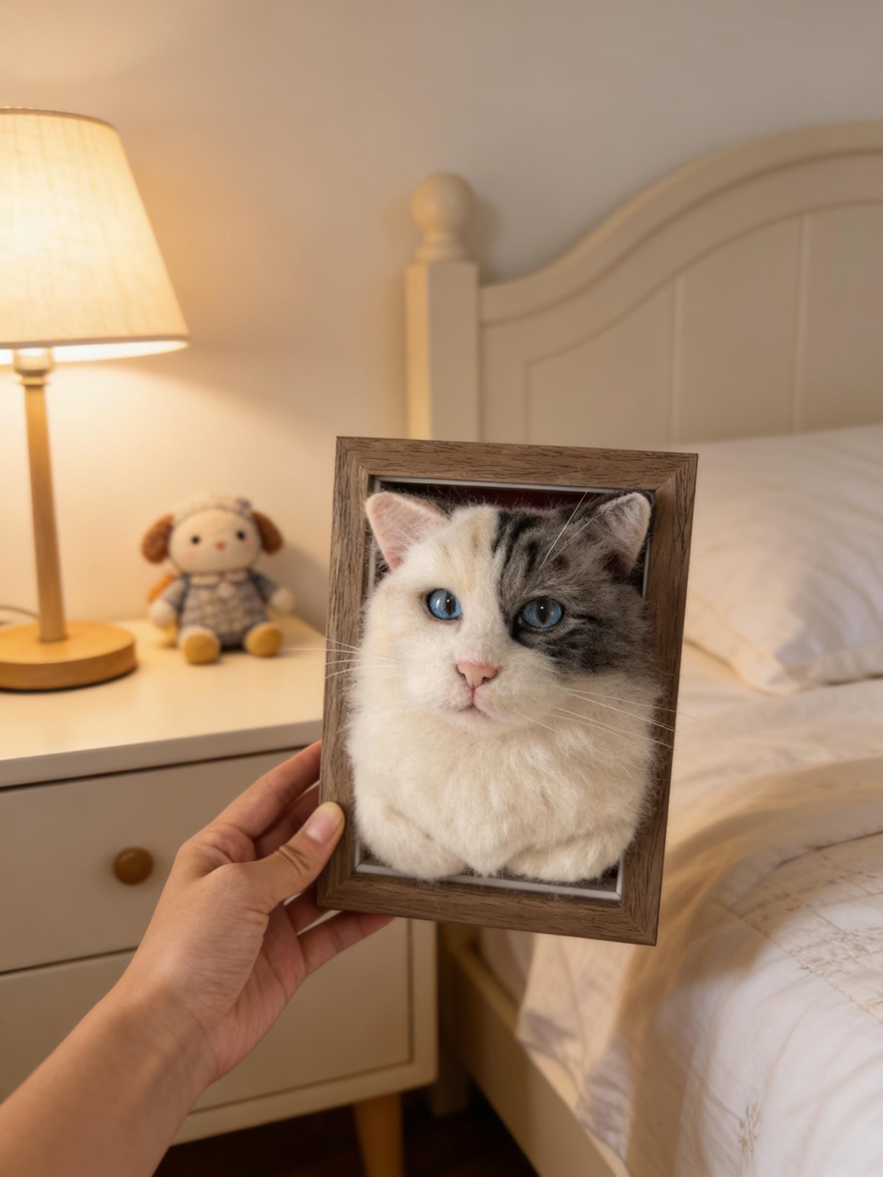 Custom Felted Pet Portrait Framed, Wool Felt Cat Sculpture with Frame, Personalized Pet Memorial