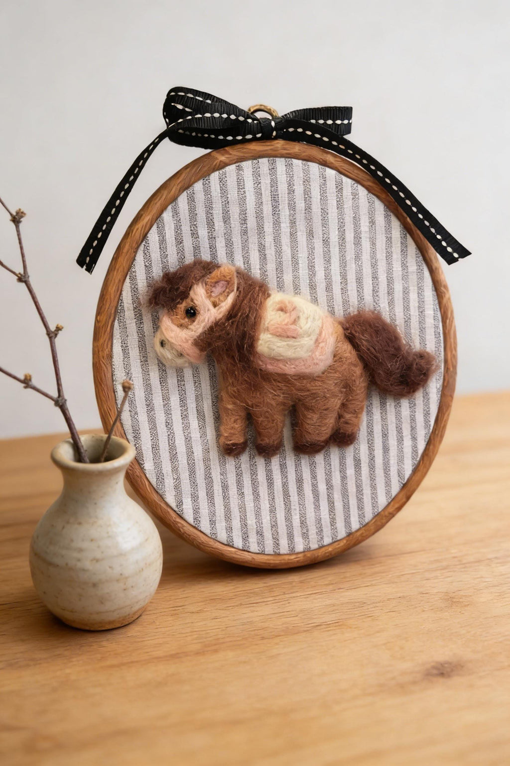 Needle Felted Derby Horse Nursery Wall Art, Handmade Felt Pony Embroidery Hoop Decor