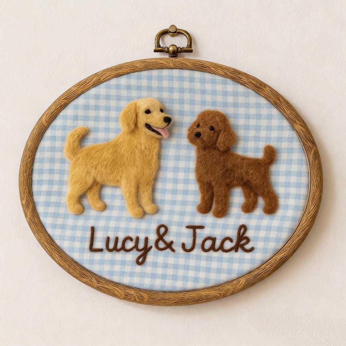 Personalized Two Pet Embroidery Hoop Portrait, Custom Wool Felt Pet Wall Art