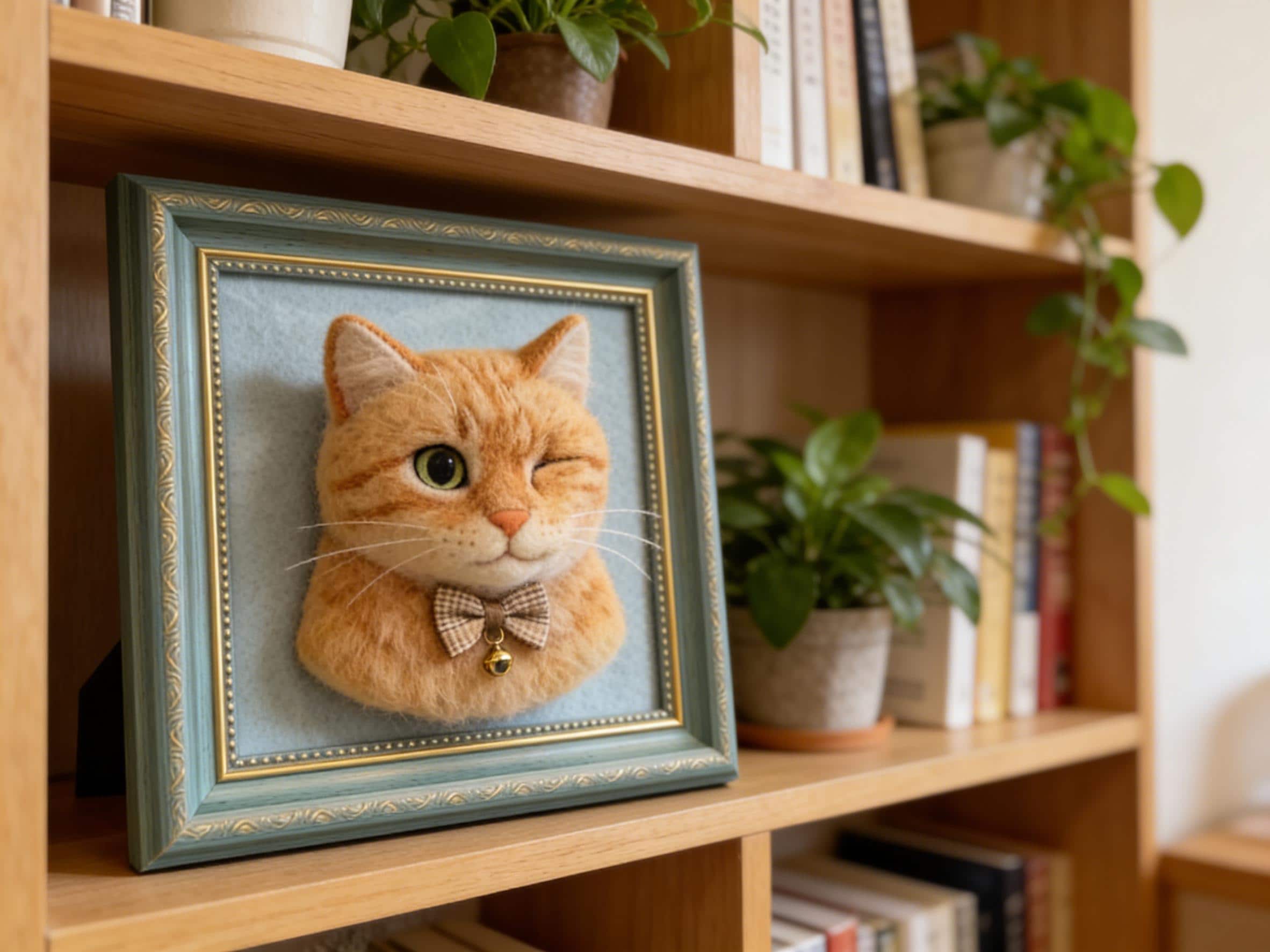 Custom Felted Pet Portrait Framed, Wool Felt Cat Sculpture with Frame, Personalized Pet Memorial