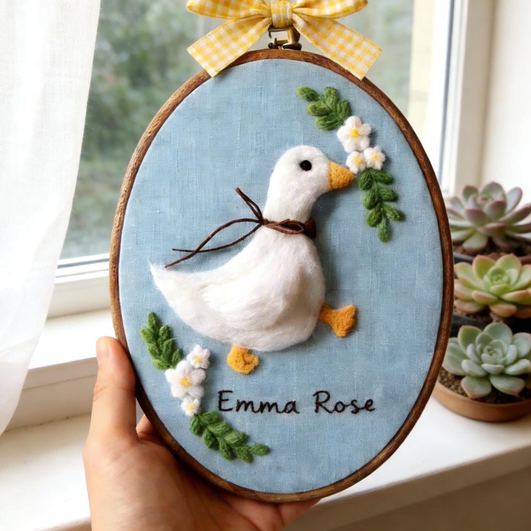 Personalized Felt Goose Nursery Wall Art, Handmade Needle Felt Hoop, Baby Room Heirloom Decor