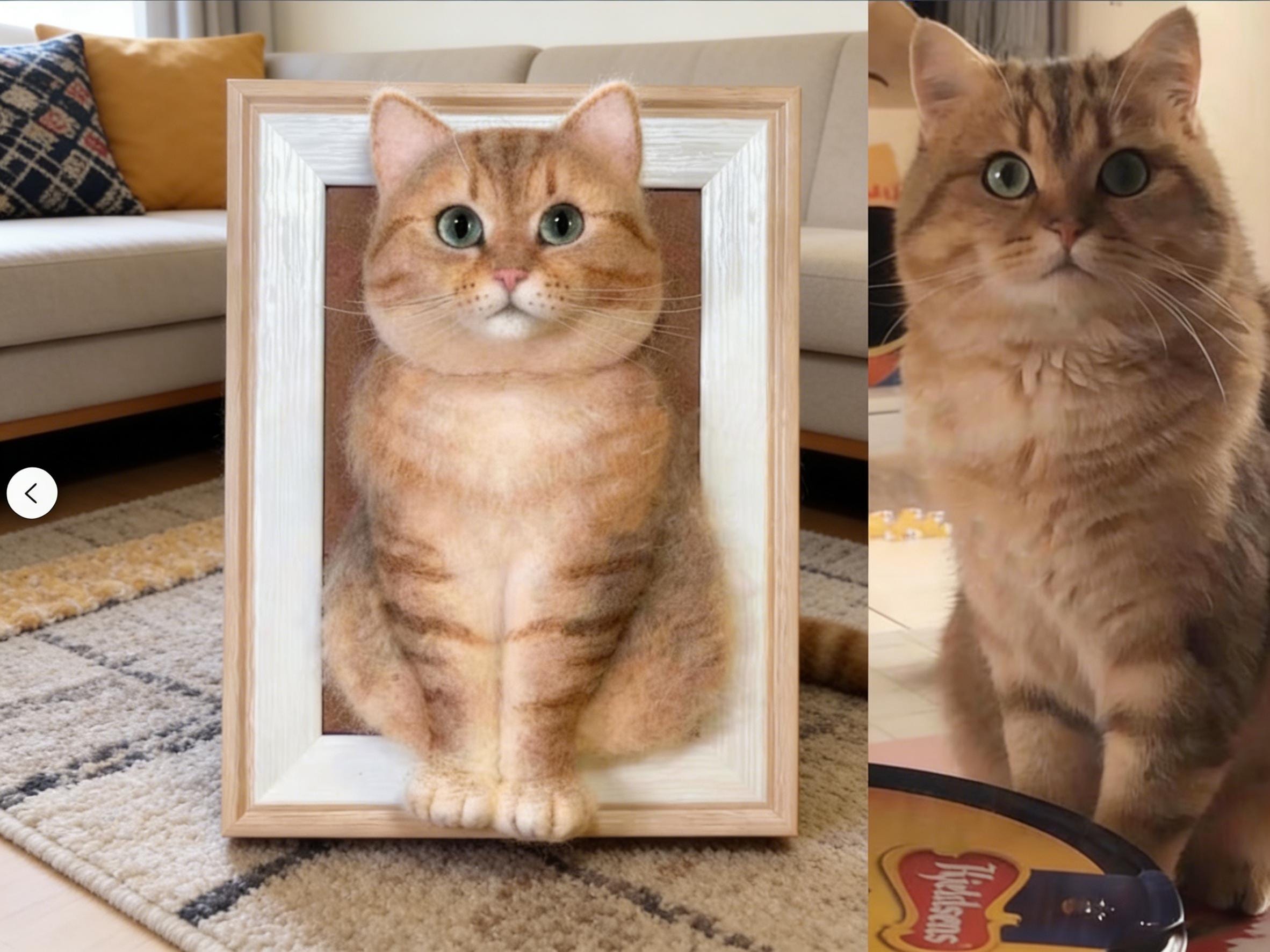 Custom Felted Pet Portrait Framed, Wool Felt Cat Sculpture with Frame, Personalized Pet Memorial