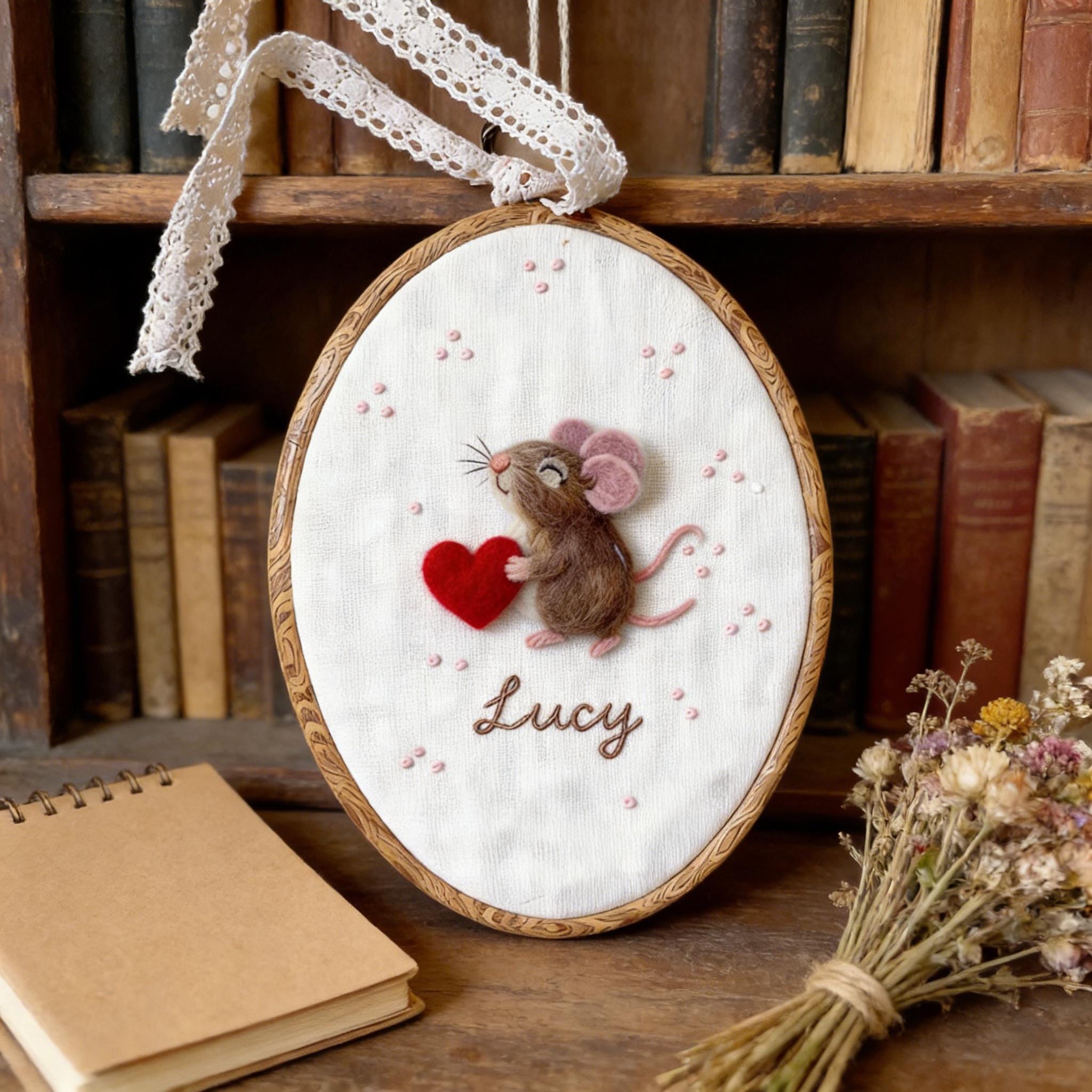 Custom Needle Felted Mouse Portrait, Handmade Embroidered Mice Art, Valentine’s Day Gift