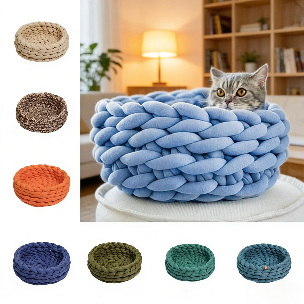 Chunky Knit Pet Bed, Arm-Knit Cotton Cat Dog Basket, Washable Cozy Nest