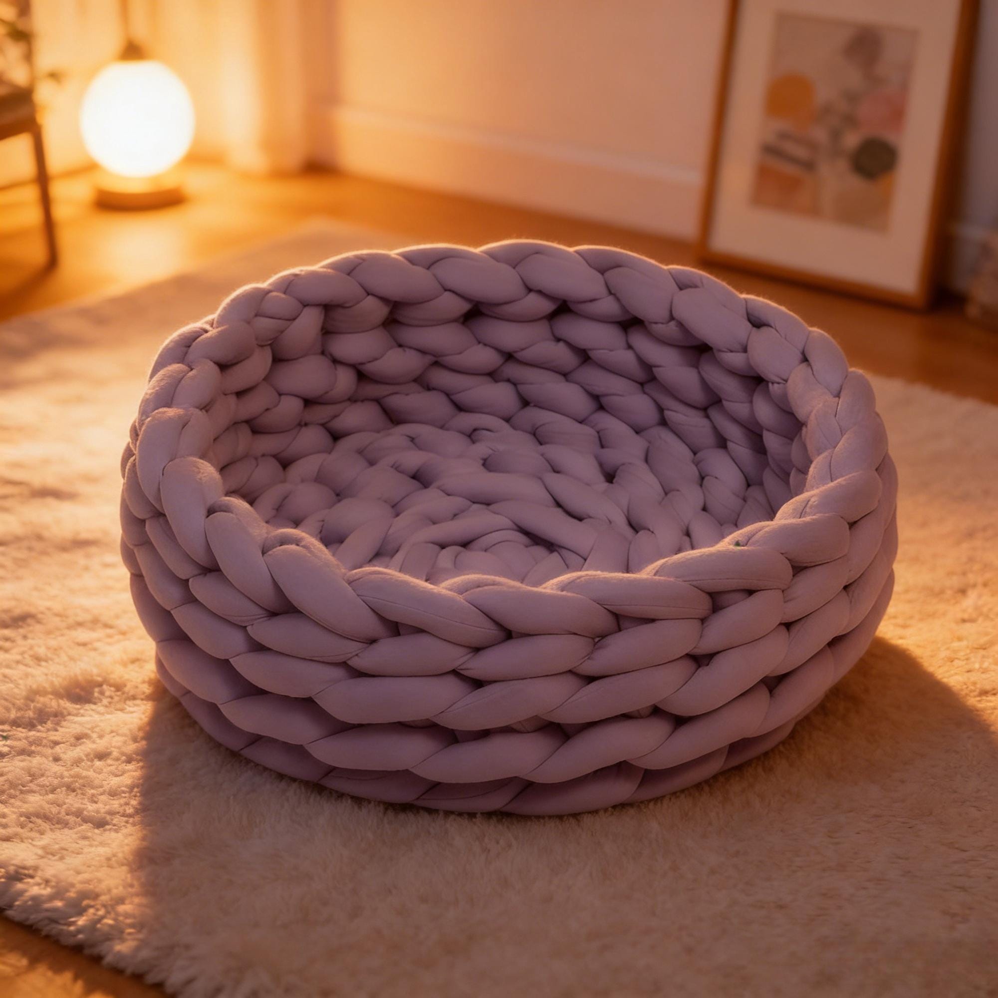 Chunky Knit Pet Bed, Arm-Knit Cotton Cat Dog Basket, Washable Cozy Nest