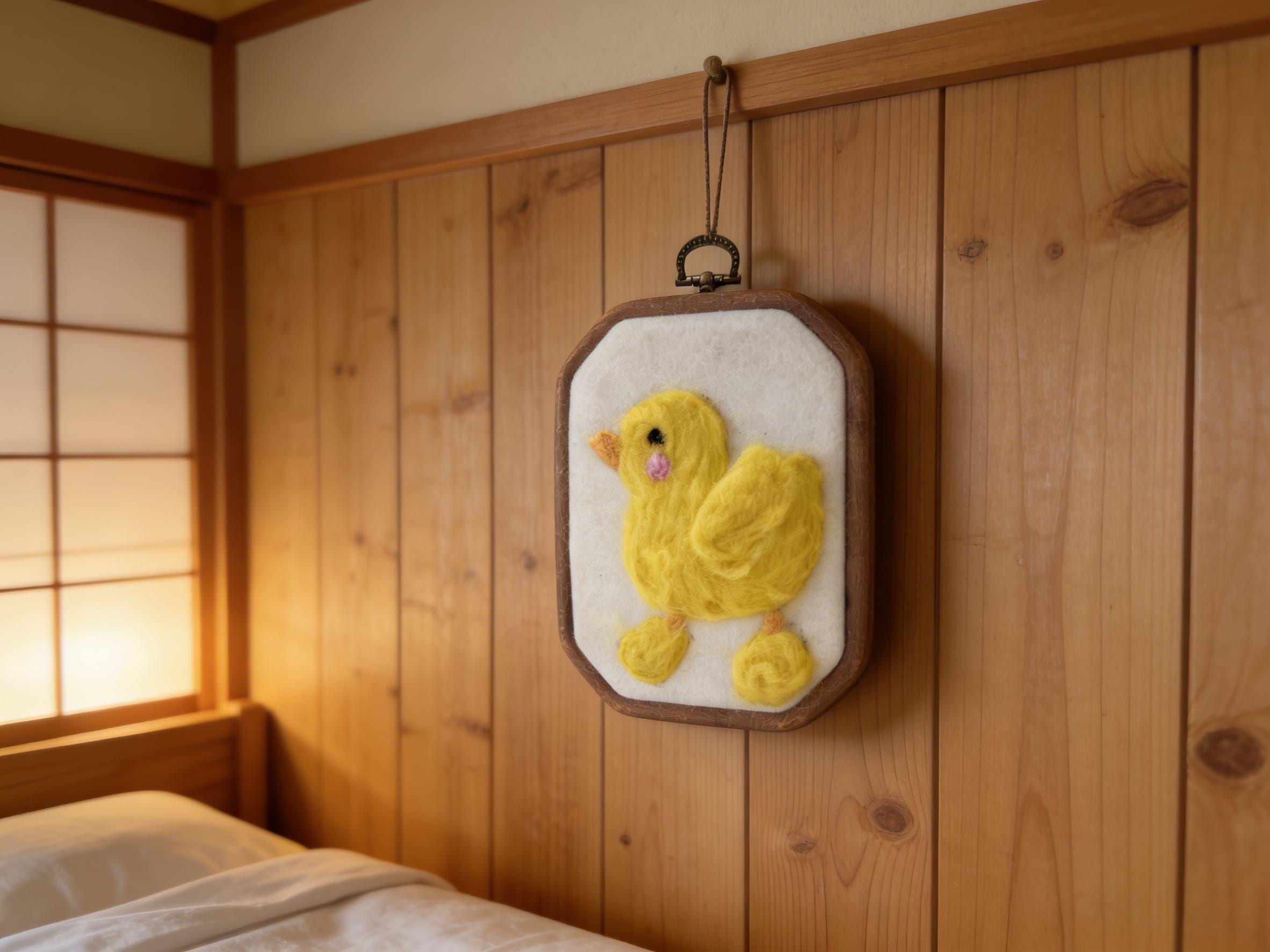 Hand Needle Felted Yellow Duck Nursery Wall Art, Handmade Embroidery Hoop Decor