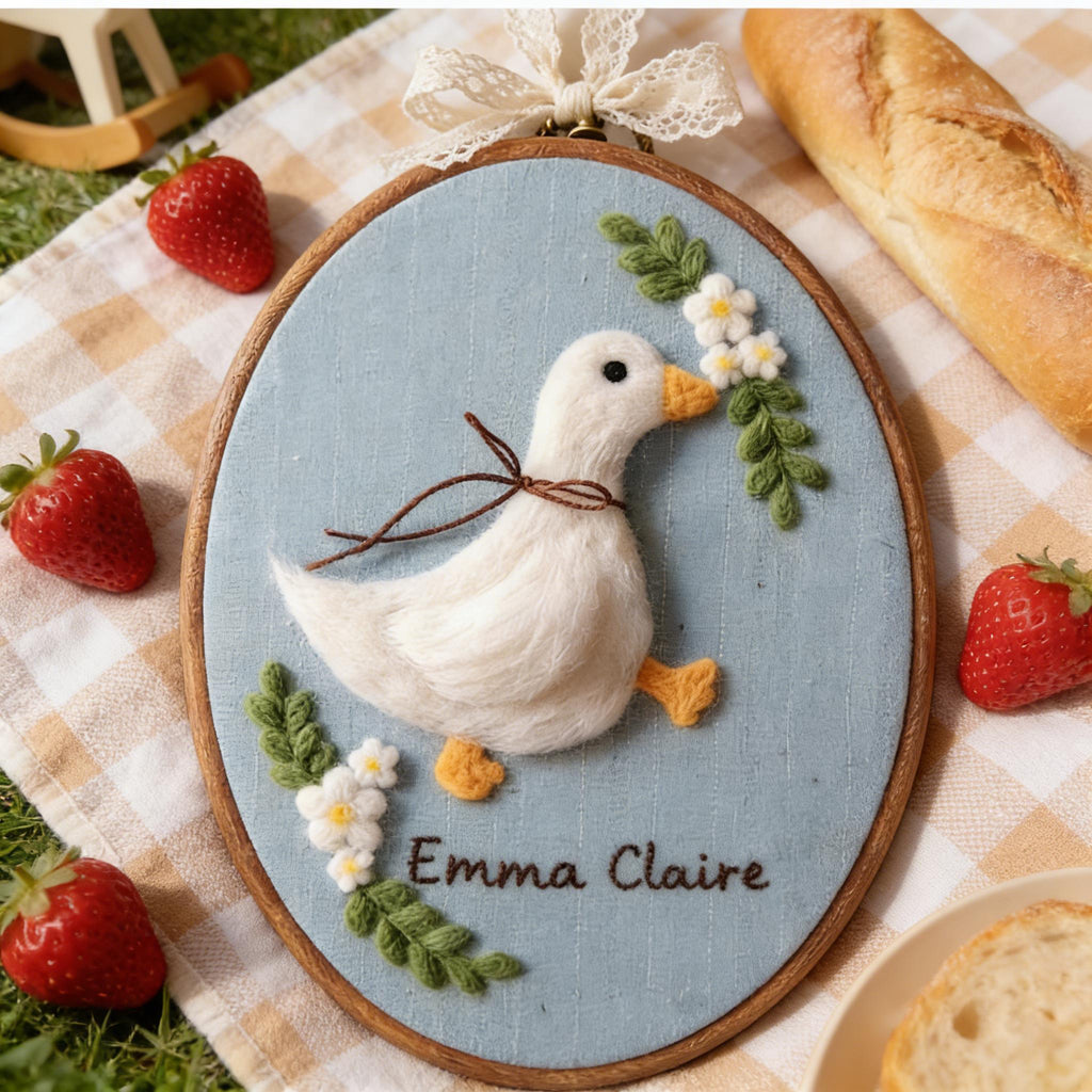 Personalized Felt Goose Nursery Wall Art, Handmade Needle Felt Hoop, Baby Room Heirloom Decor
