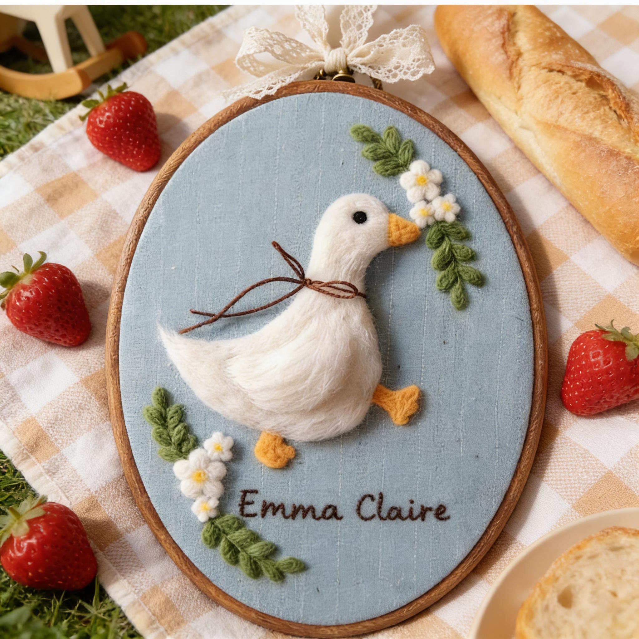 Personalized Felt Goose Nursery Wall Art, Handmade Needle Felt Hoop, Baby Room Heirloom Decor