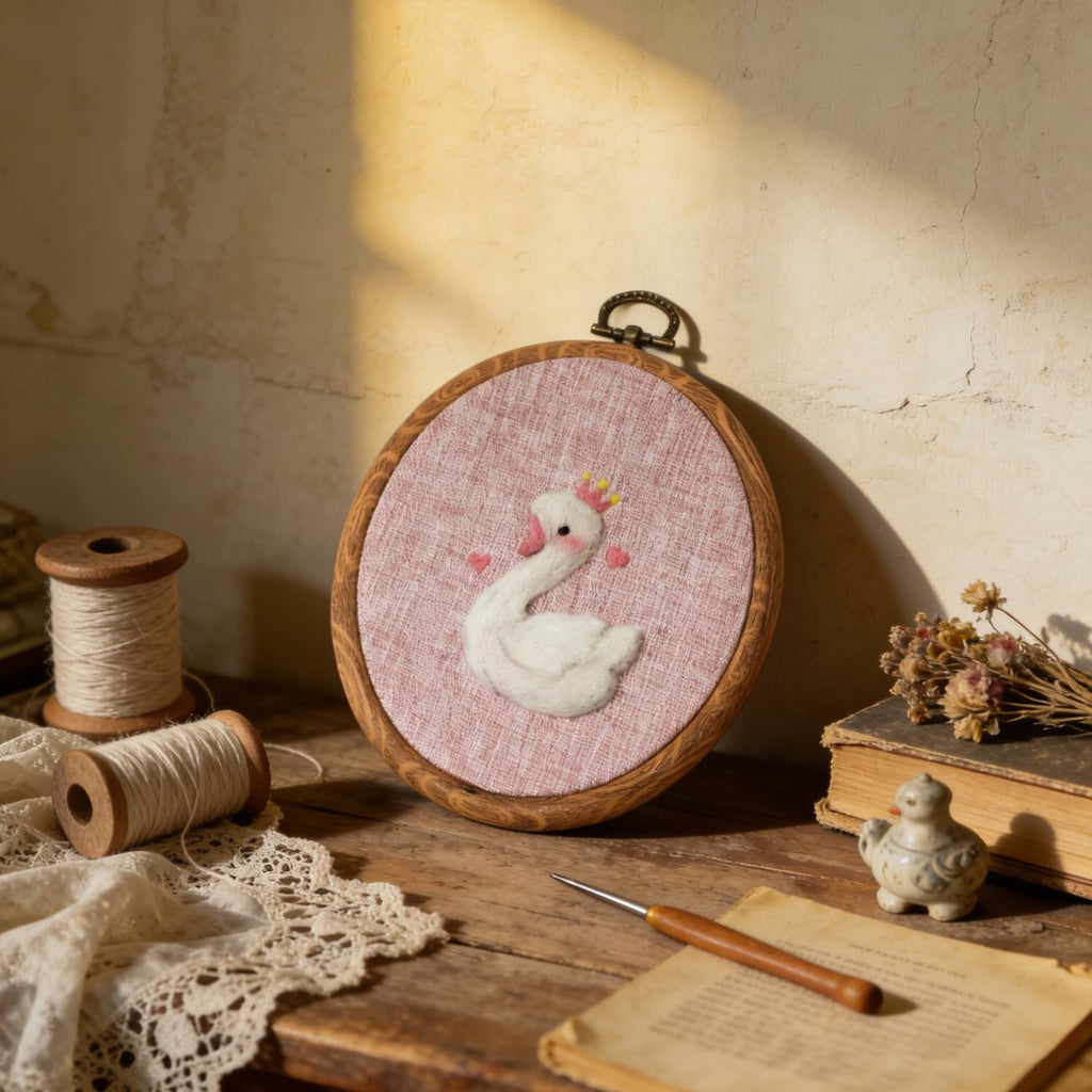 Needle Felted Swan Hoop Art, Princess Crown Nursery Decor, Pink Baby Room
