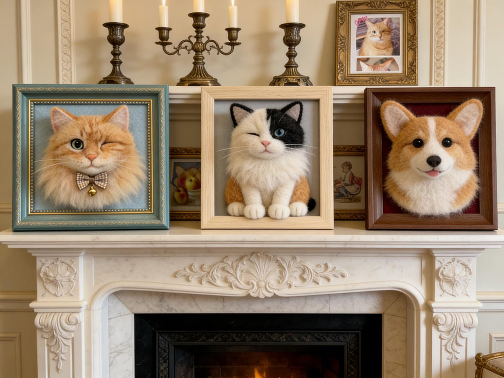Custom Felted Pet Portrait Framed, Wool Felt Cat Sculpture with Frame, Personalized Pet Memorial