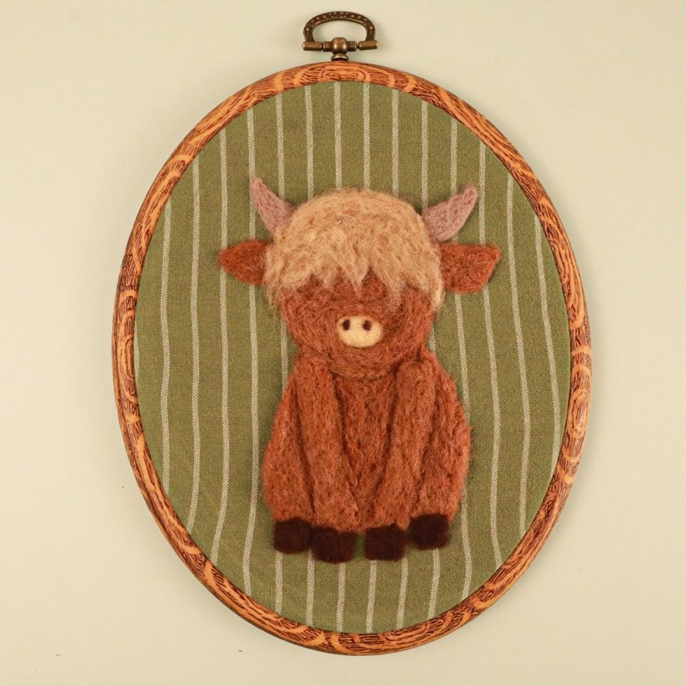 Needle Felted Highland Cow Wall Art | Handmade Wool Cow Embroidery Hoop | Farmhouse Nursery Decor