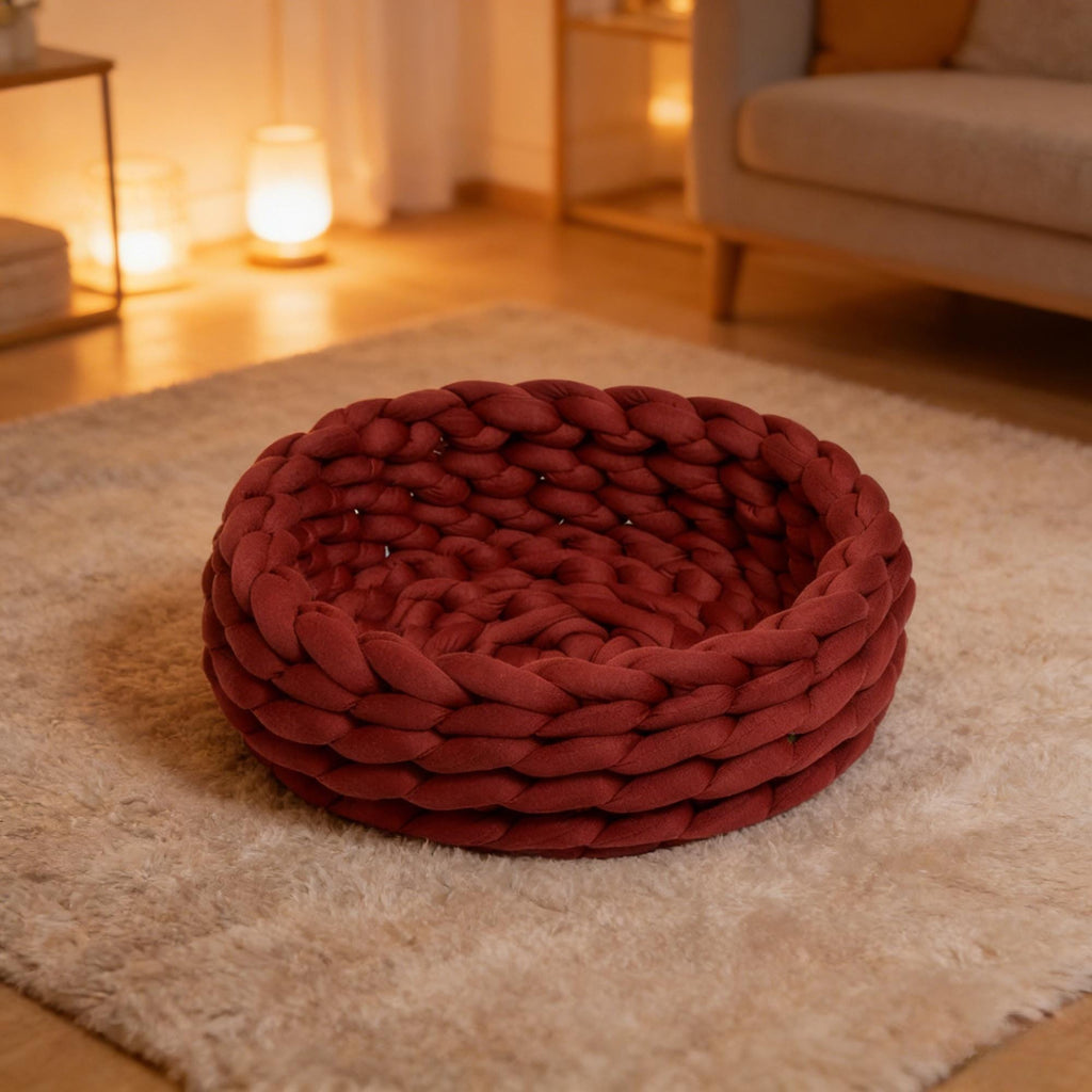 Chunky Knit Pet Bed, Arm-Knit Cotton Cat Dog Basket, Washable Cozy Nest