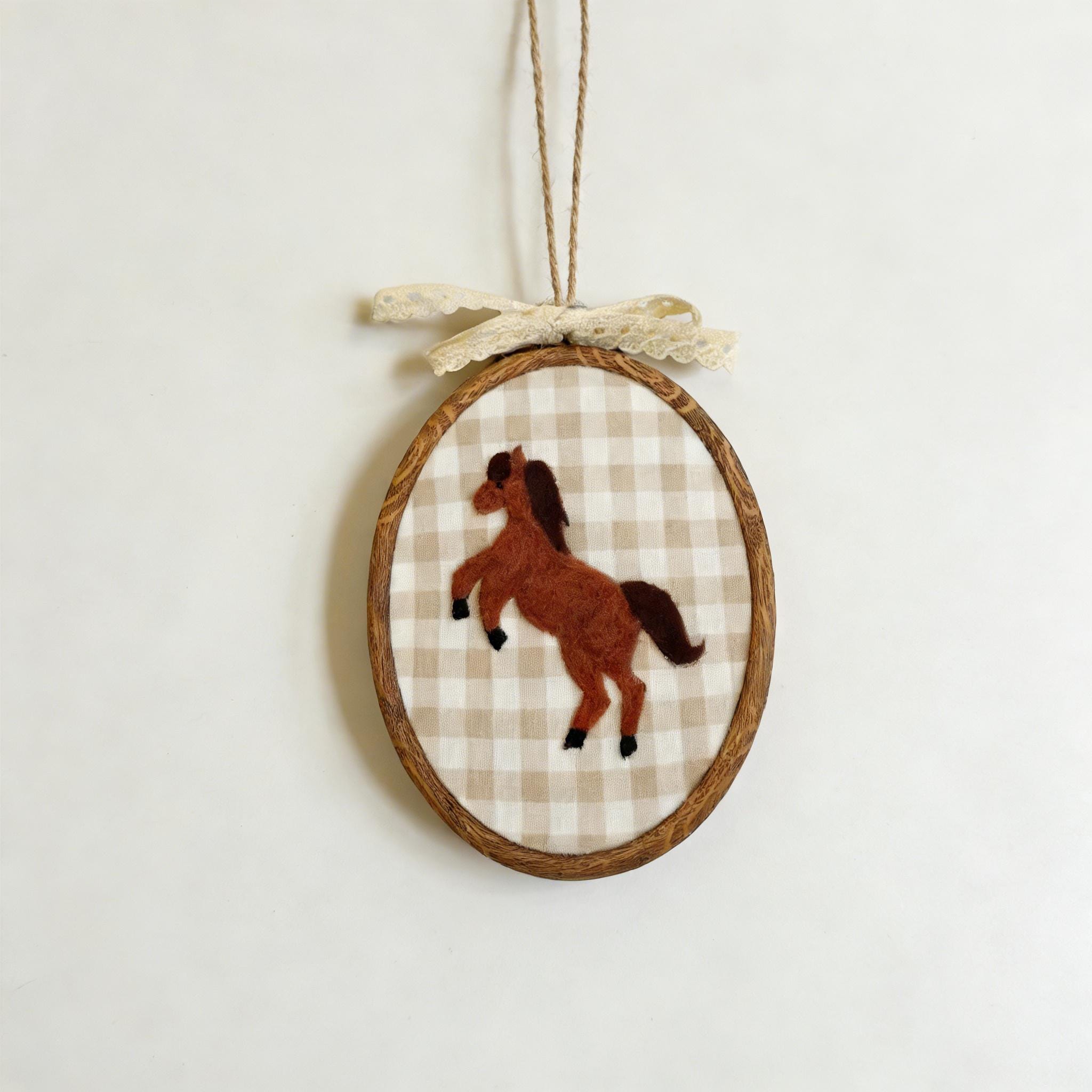 Hand Felted Rocking Horse Hoop Art, Handmade Brown Horse Wall Decor for Nursery