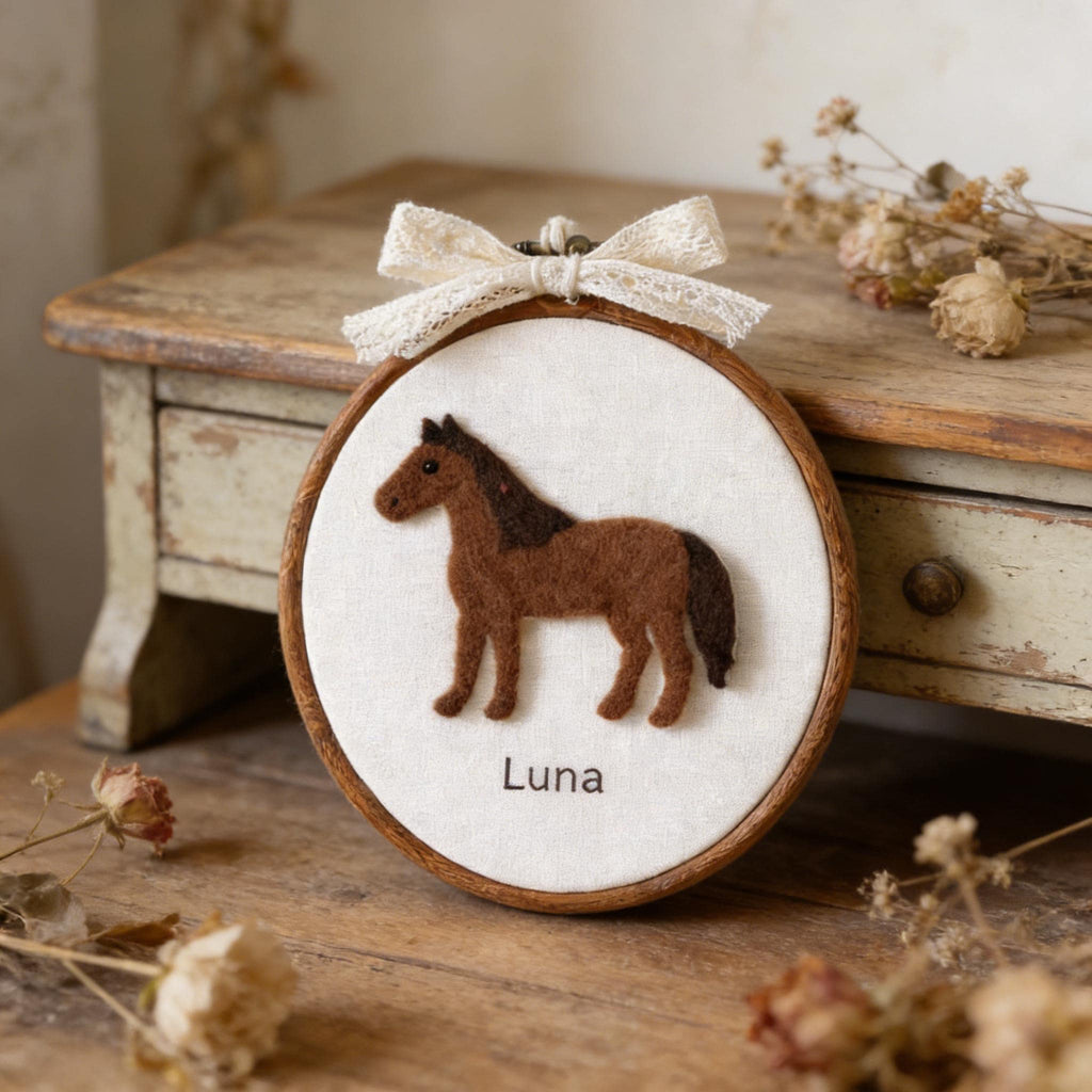 Personalized Needle Felted Horse Hoop Art, Custom Name Wall Hanging, Wild Animal Nursery Decor