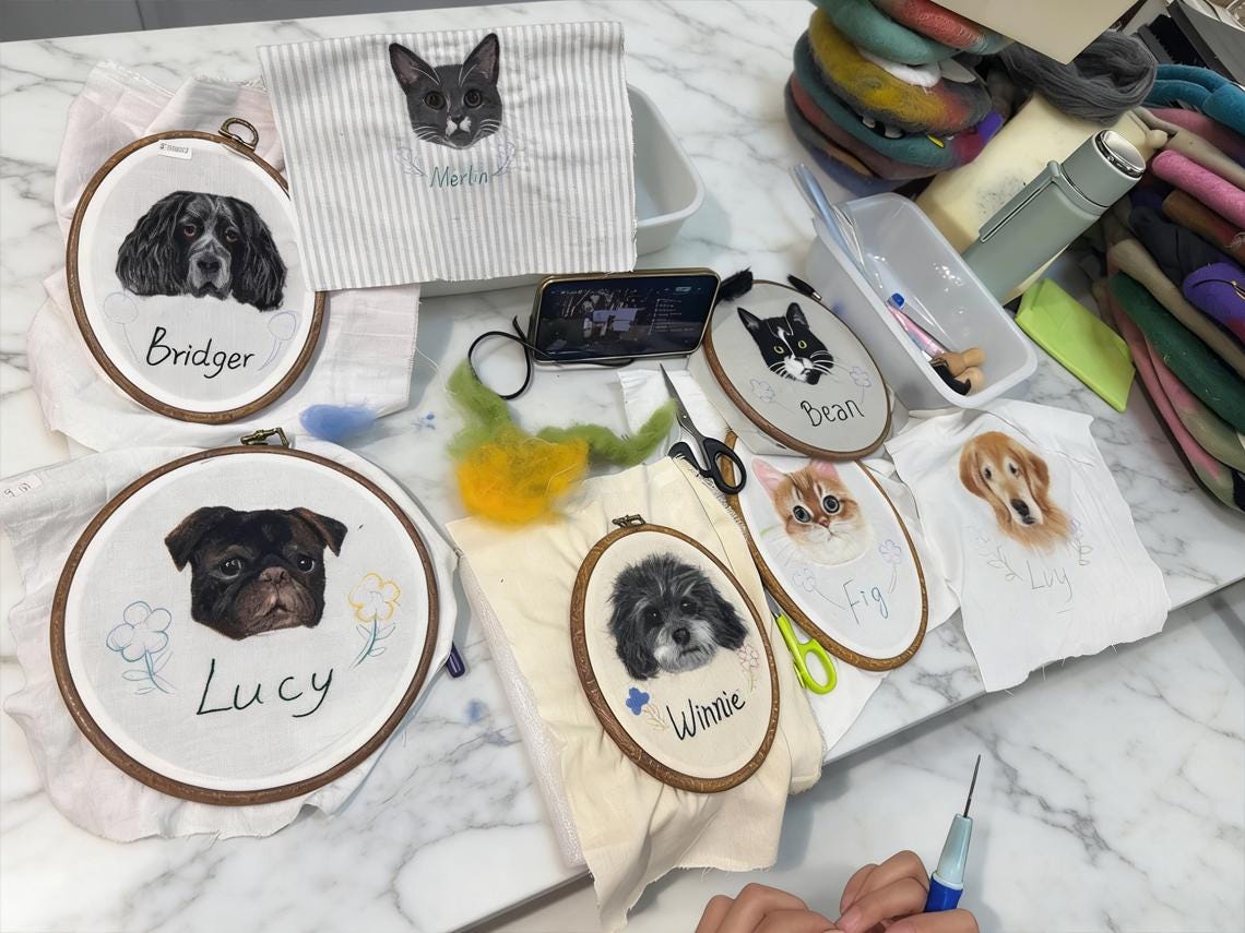 Personalized Two Pet Embroidery Hoop Portrait, Custom Wool Felt Pet Wall Art