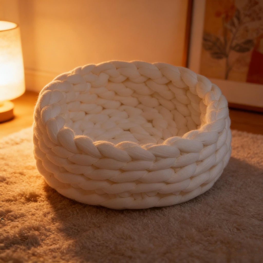 Chunky Knit Pet Bed, Arm-Knit Cotton Cat Dog Basket, Washable Cozy Nest