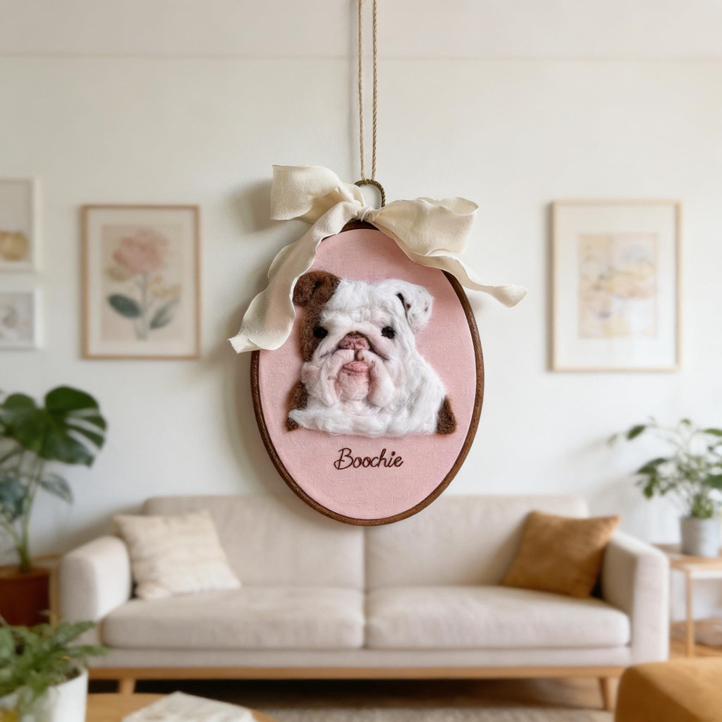 Personalized Felt Dog Portrait, Handmade Wool Pet Art Hoop, Custom Dog Memorial Gift