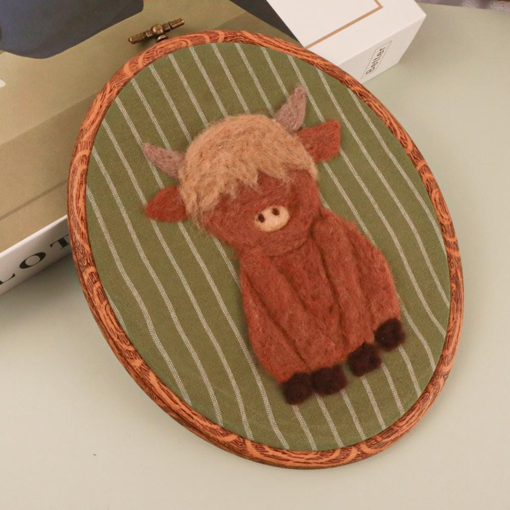 Needle Felted Highland Cow Wall Art | Handmade Wool Cow Embroidery Hoop | Farmhouse Nursery Decor