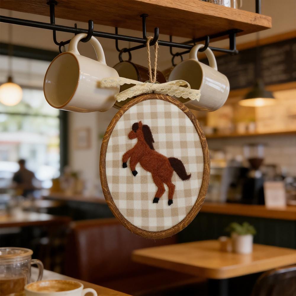 Hand Felted Rocking Horse Hoop Art, Handmade Brown Horse Wall Decor for Nursery