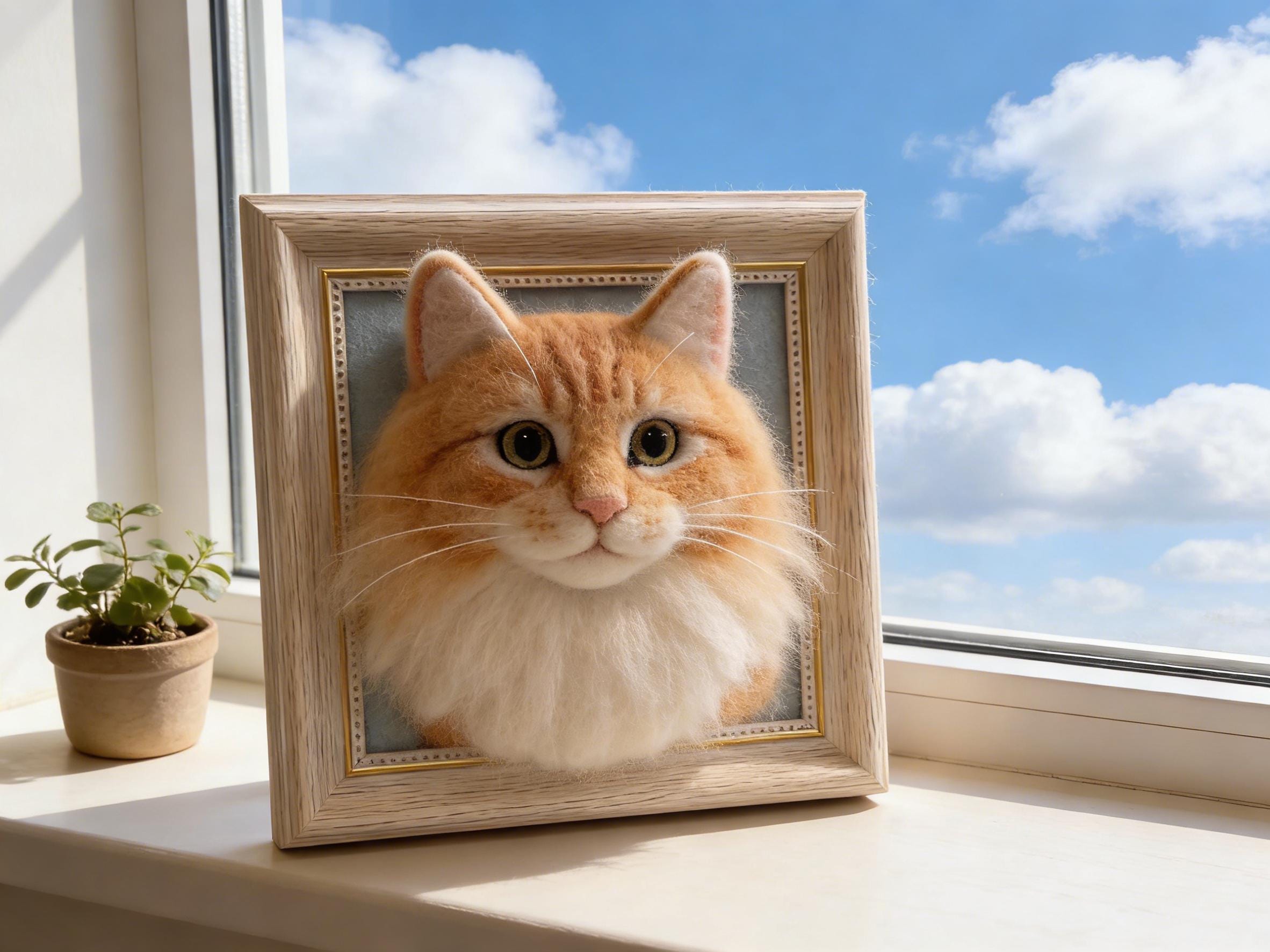 Custom Felted Pet Portrait Framed, Wool Felt Cat Sculpture with Frame, Personalized Pet Memorial