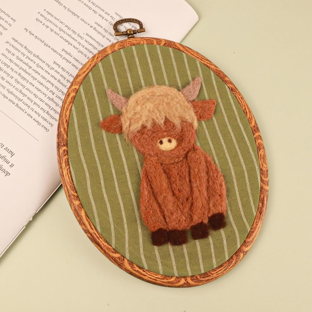 Needle Felted Highland Cow Wall Art | Handmade Wool Cow Embroidery Hoop | Farmhouse Nursery Decor