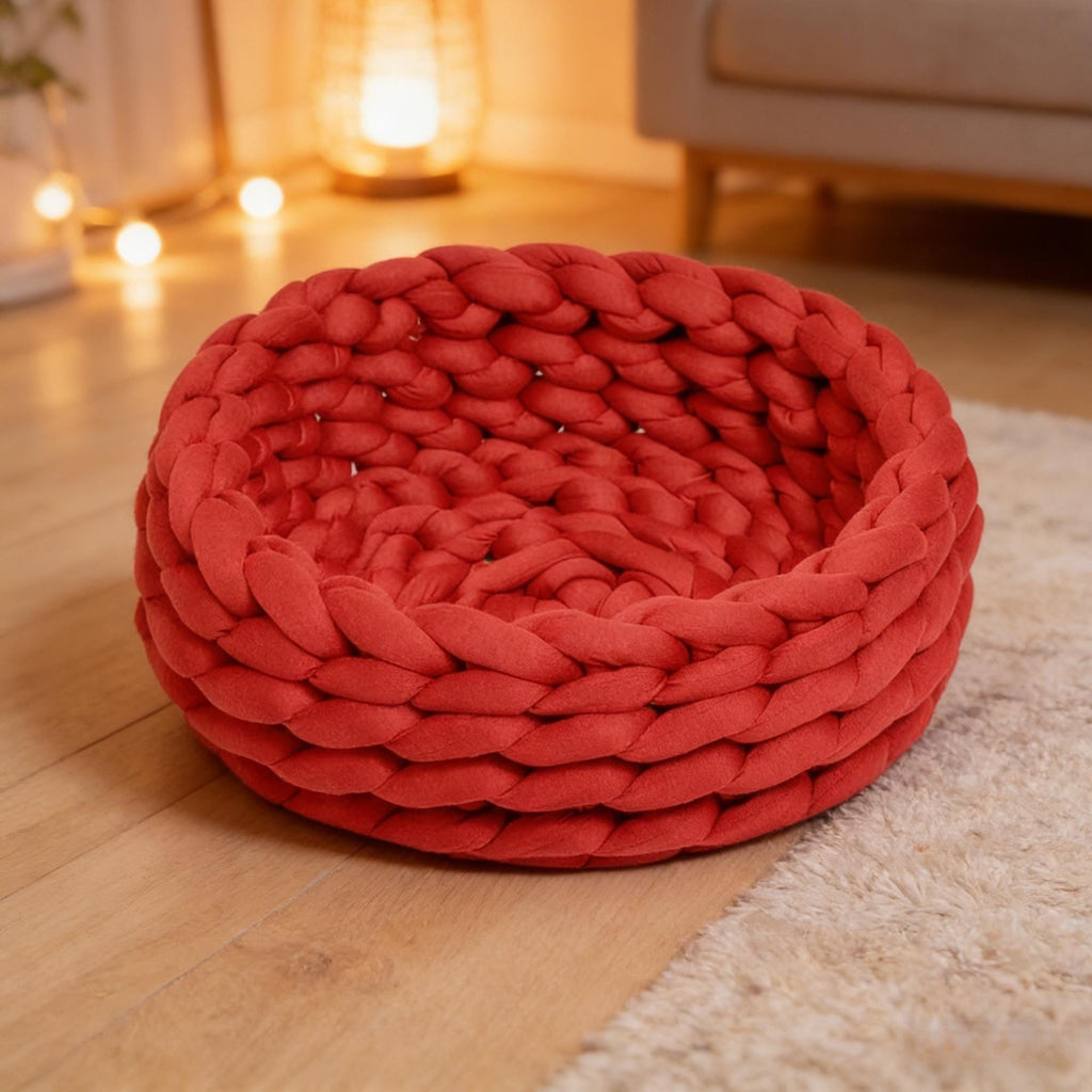 Chunky Knit Pet Bed, Arm-Knit Cotton Cat Dog Basket, Washable Cozy Nest