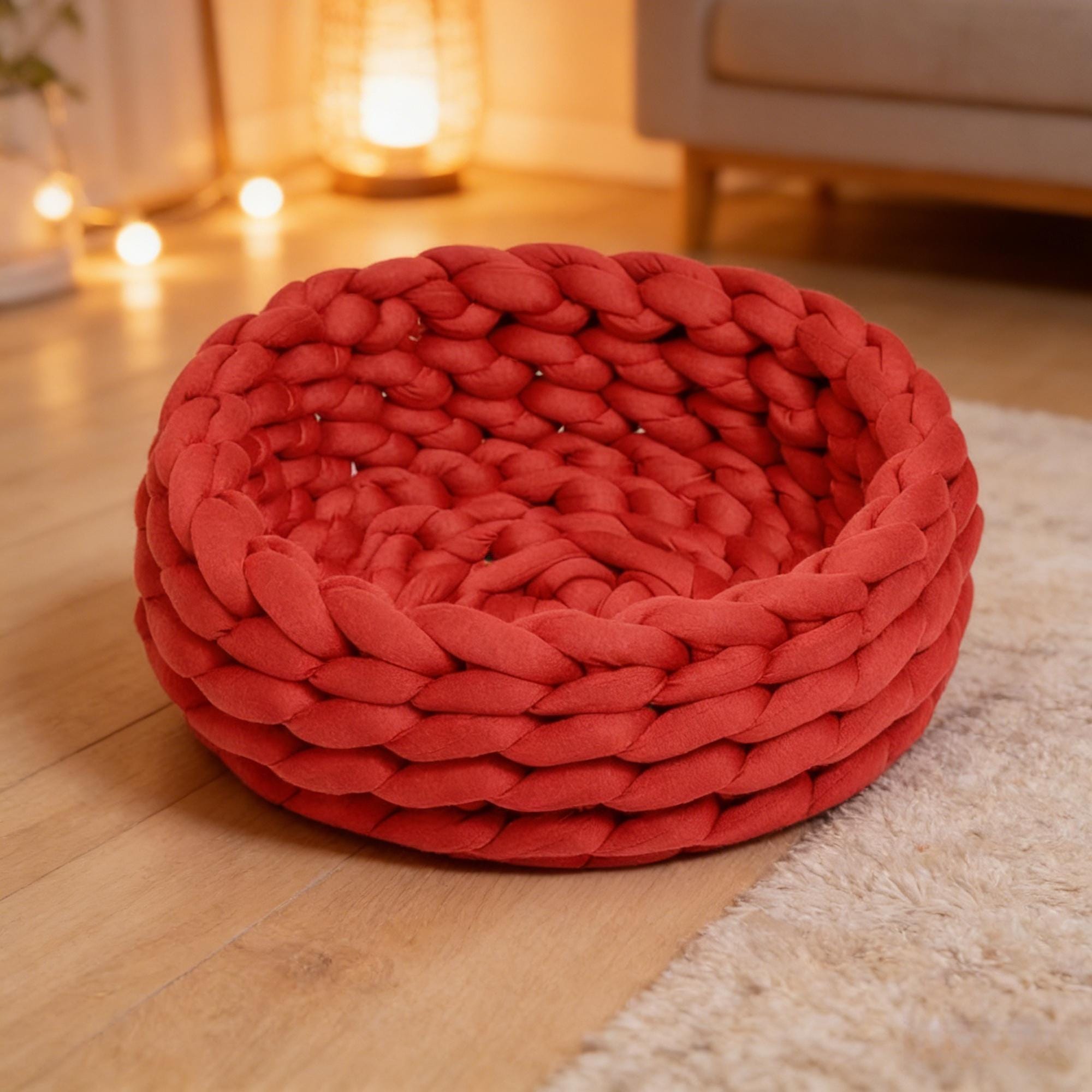 Chunky Knit Pet Bed, Arm-Knit Cotton Cat Dog Basket, Washable Cozy Nest