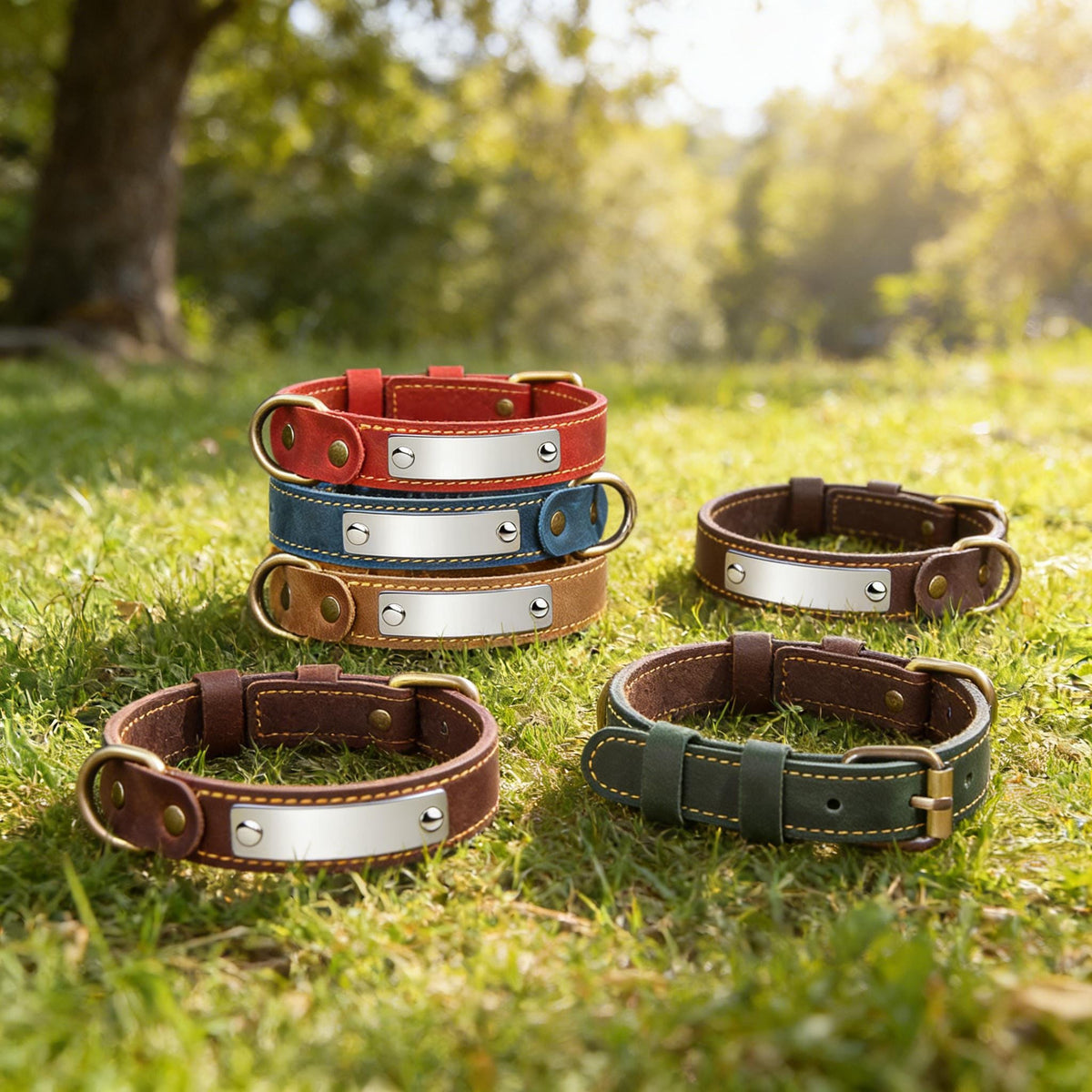 Personalized Leather Dog Collar with Engraved Name Plate – Custom Pet Accessory