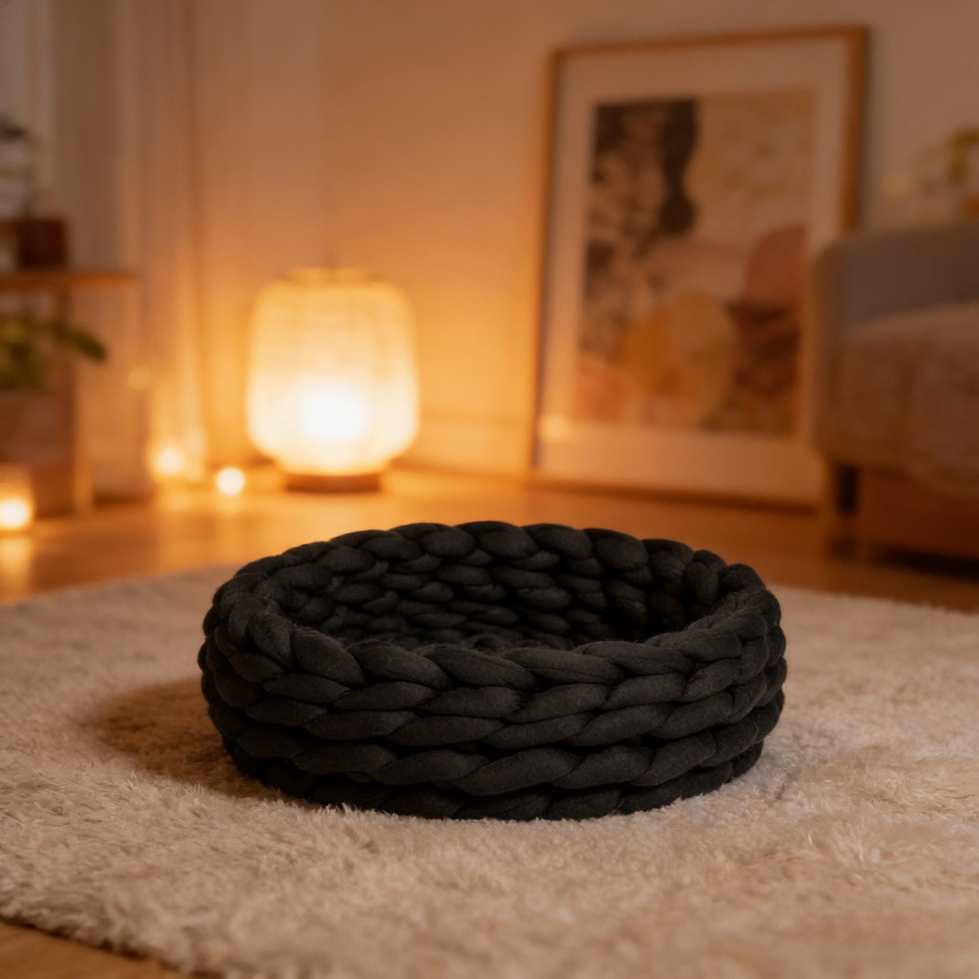 Chunky Knit Pet Bed, Arm-Knit Cotton Cat Dog Basket, Washable Cozy Nest