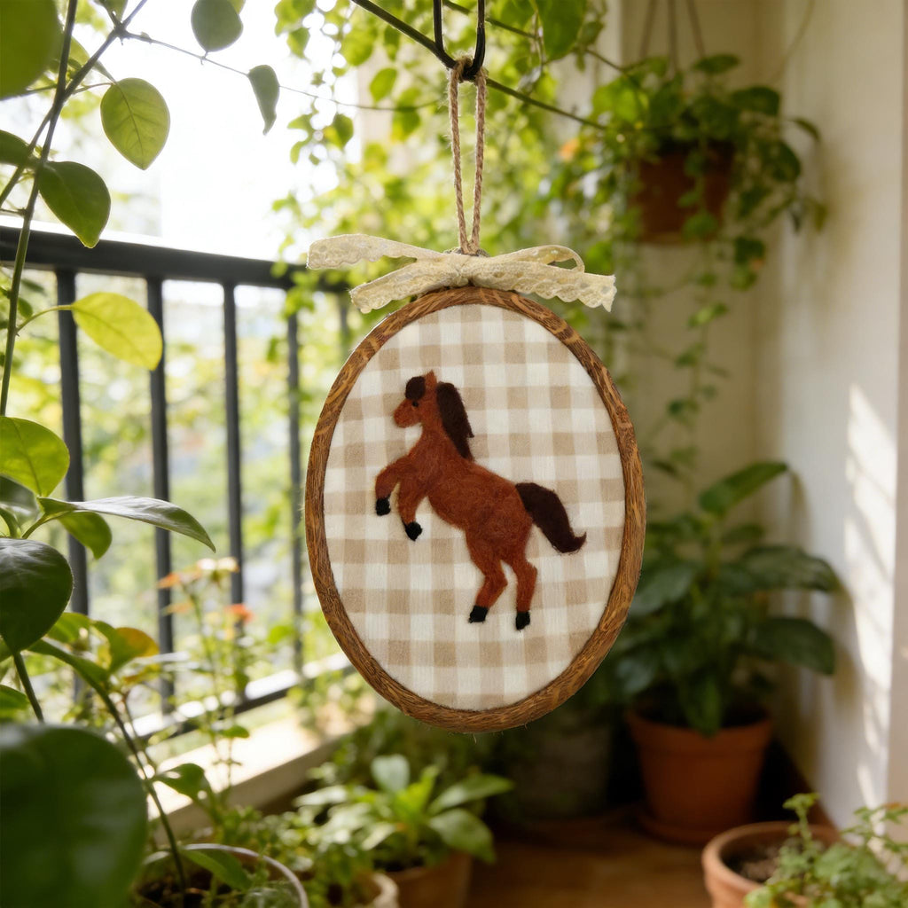 Hand Felted Rocking Horse Hoop Art, Handmade Brown Horse Wall Decor for Nursery