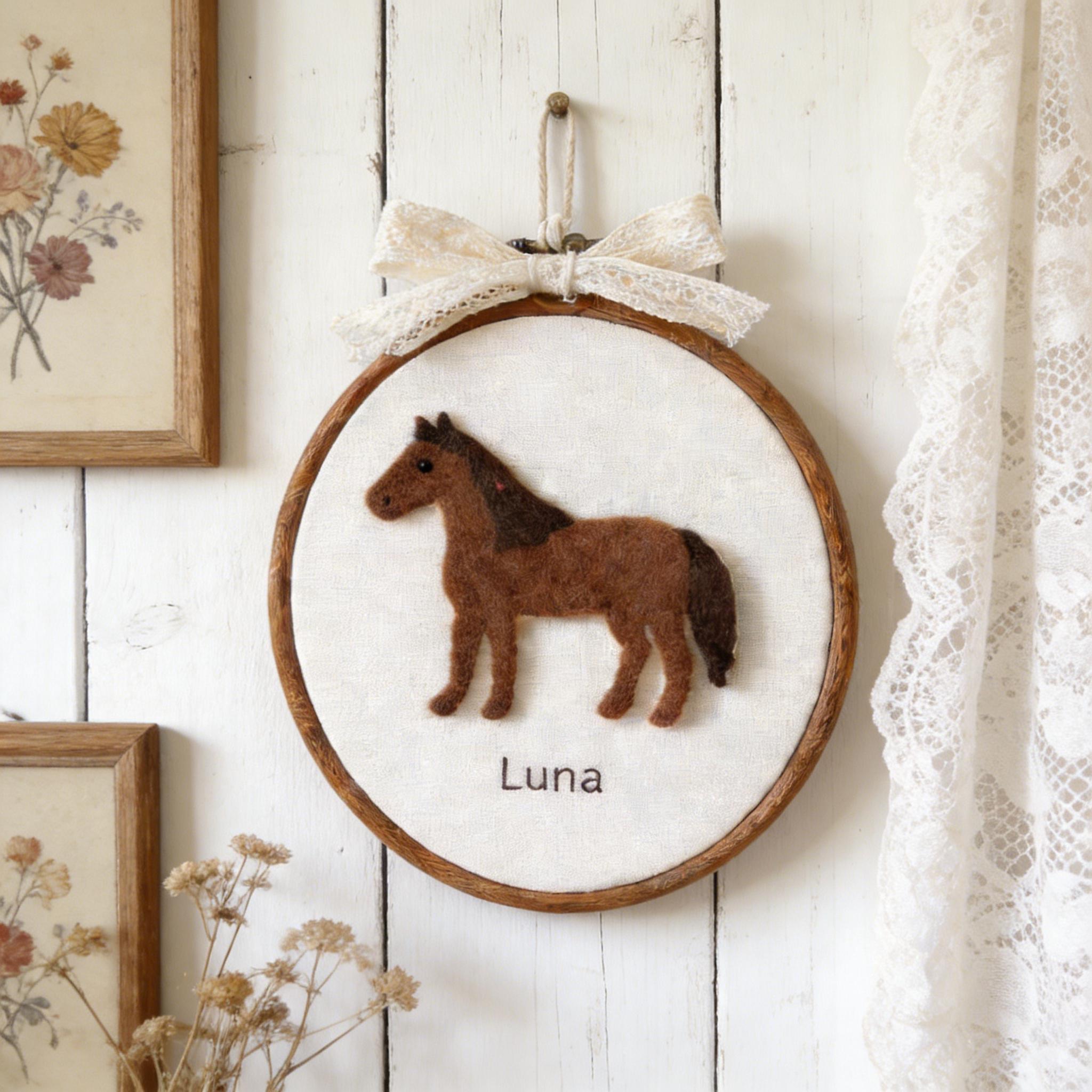 Personalized Needle Felted Horse Hoop Art, Custom Name Wall Hanging, Wild Animal Nursery Decor