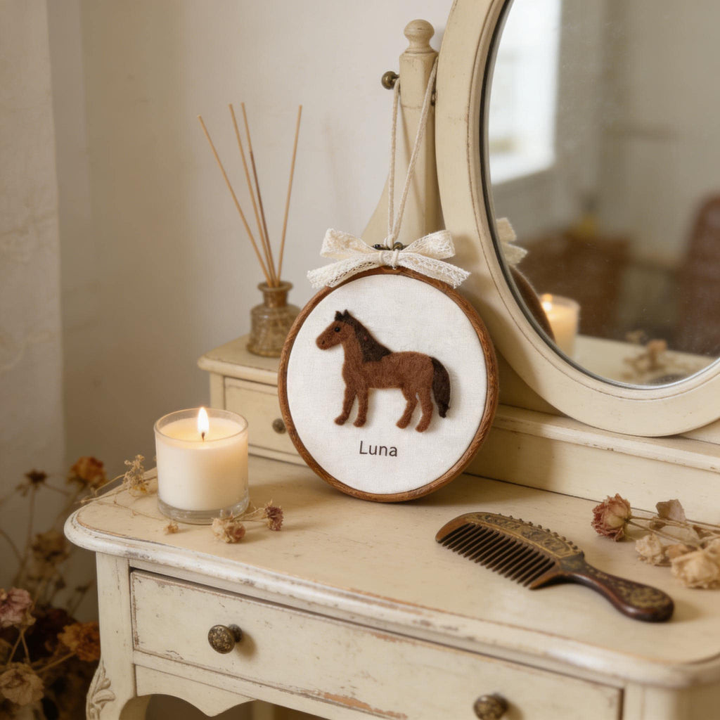 Personalized Needle Felted Horse Hoop Art, Custom Name Wall Hanging, Wild Animal Nursery Decor