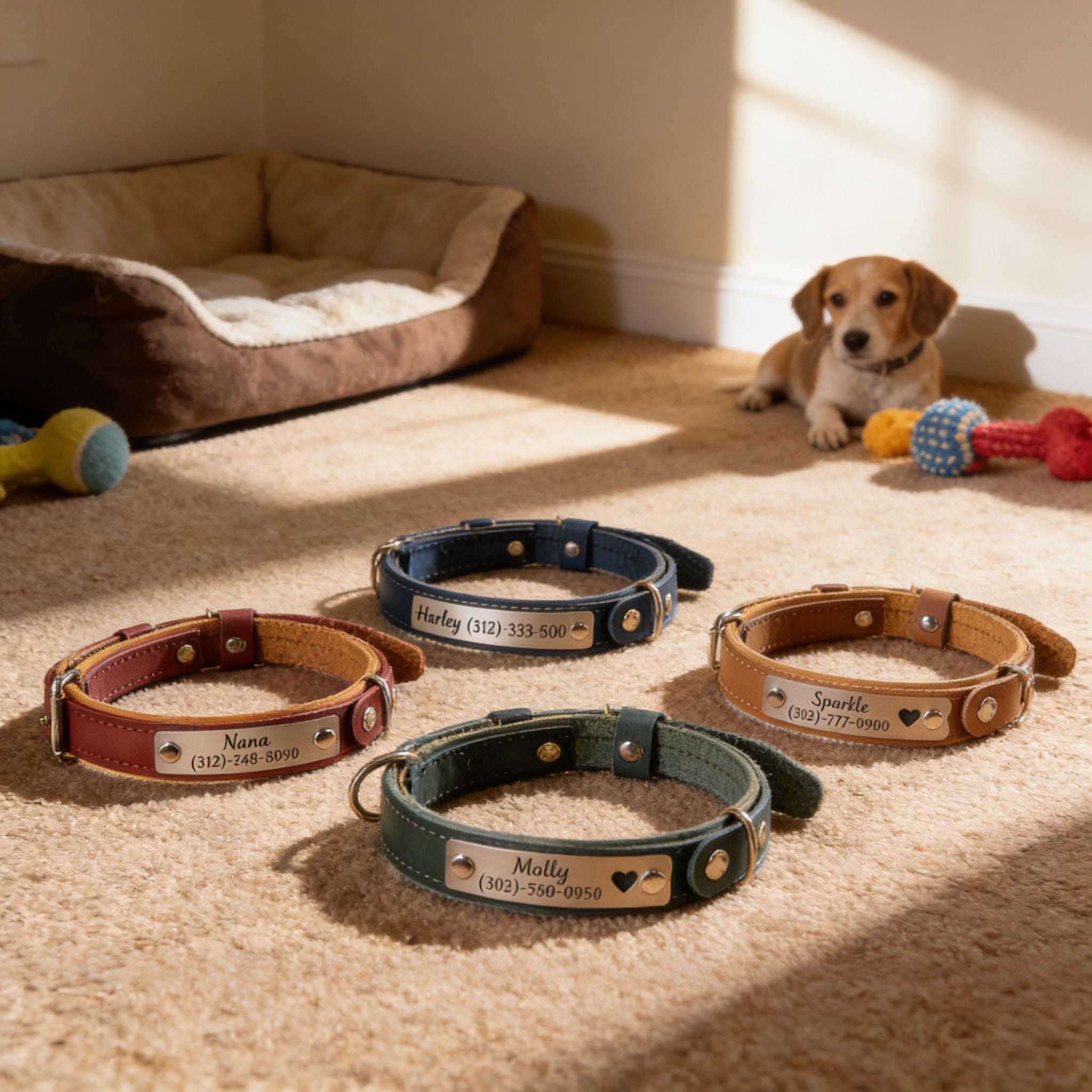 Personalized Leather Dog Collar with Engraved Name Plate – Custom Pet Accessory