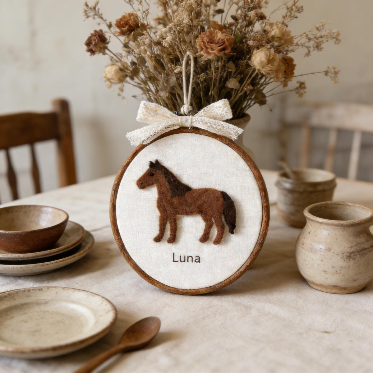 Personalized Needle Felted Horse Hoop Art, Custom Name Wall Hanging, Wild Animal Nursery Decor